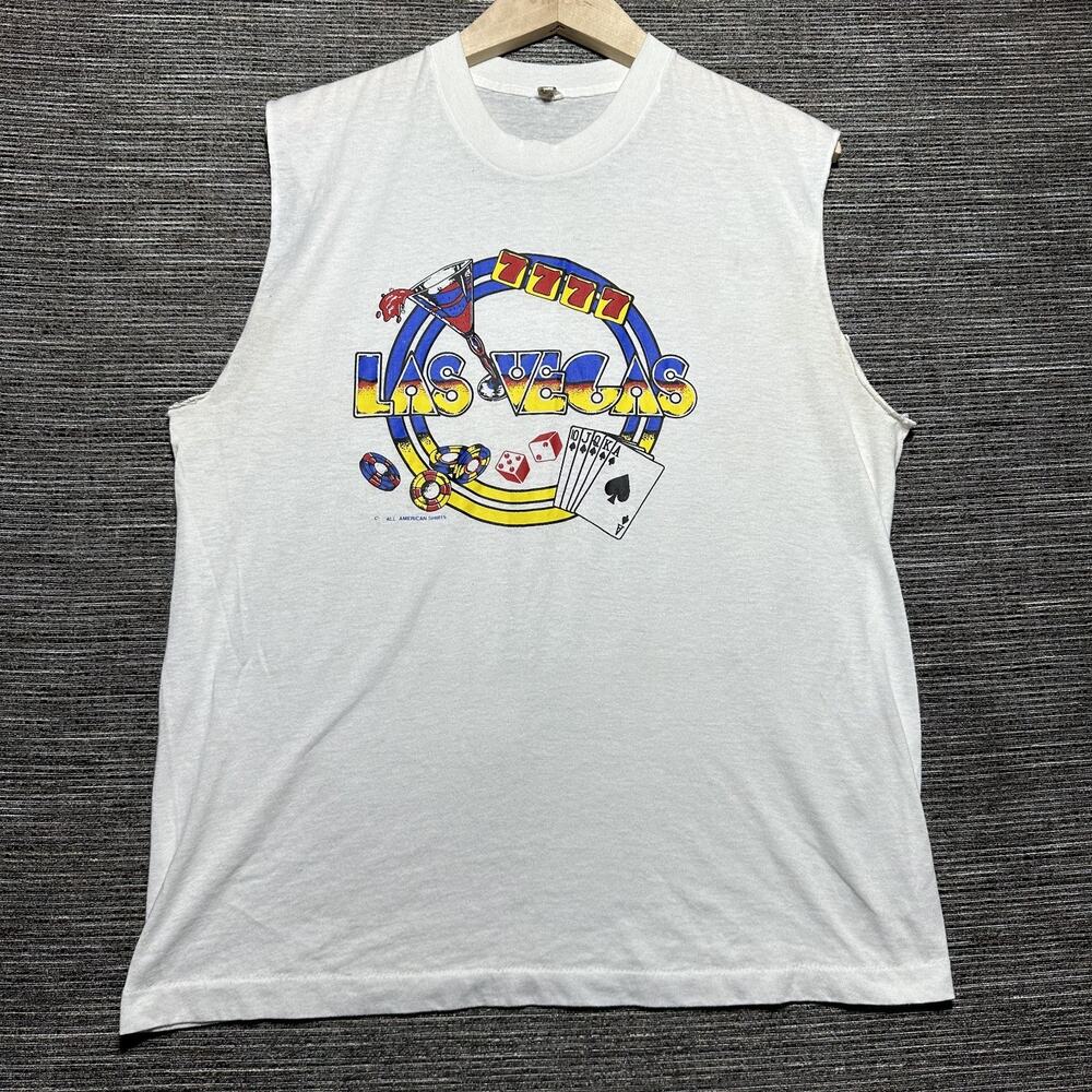 Screen Stars 1980's Las Vegas Shirt Adult XL White Sleeveless Sleeve Vintage